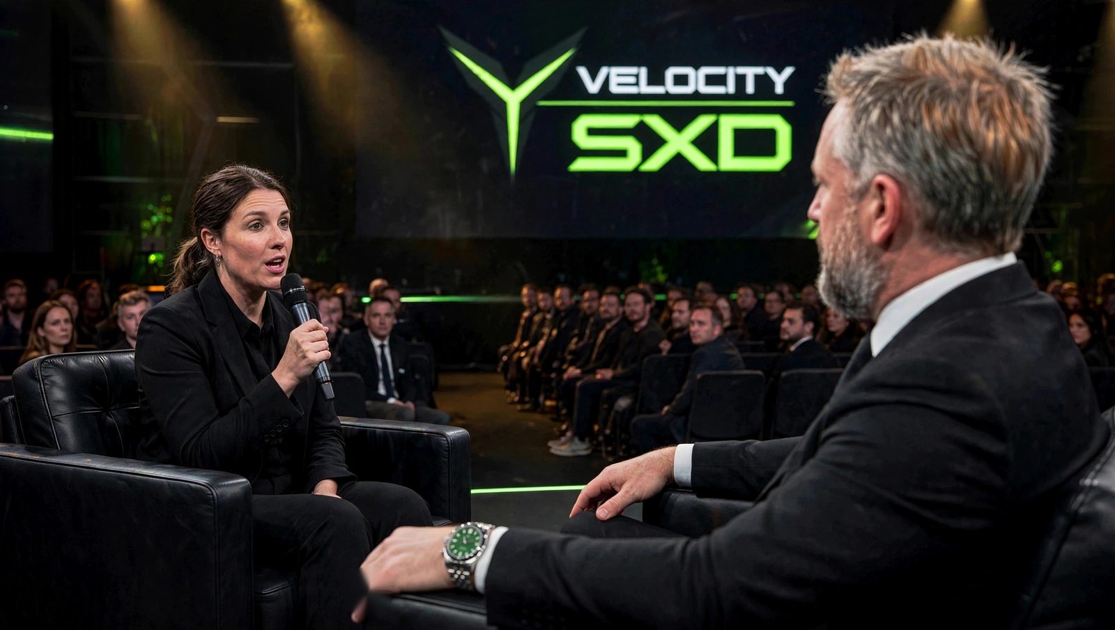 Mack Miessner speaking on stage at a Velocity SXD keynote event