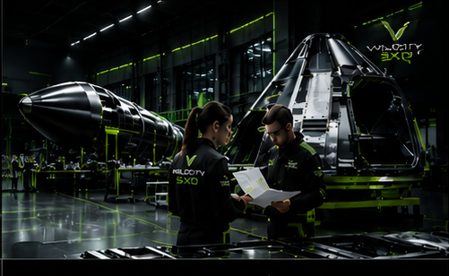 Velocity SXD engineers reviewing manufacturing plans beside advanced aerospace hardware